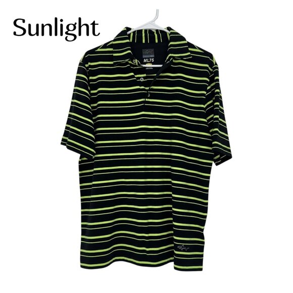 Greg Norman ML75 Mens Small Polo Shirt Black/Neon Green Stripes Outdoor Hikings - Picture 1 of 12